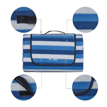 Relaxdays XXL Picknickdecke, 200x300 cm, isoliert, wasserdicht, gestreifte Fleece Stranddecke, Tragegriff, blau/weiß