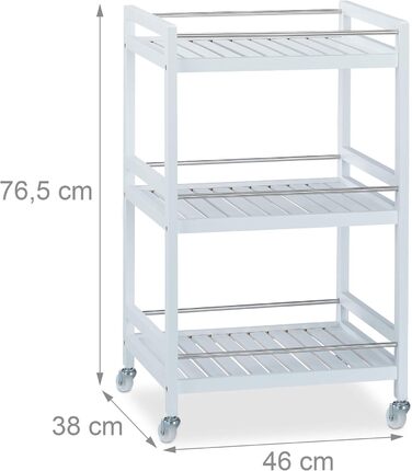 Relaxdays Servierwagen Bambus, 3 Ablagen, 360° Rollen, Edelstahl-Stangen, HBT: 76,5x46x38 cm, weiß