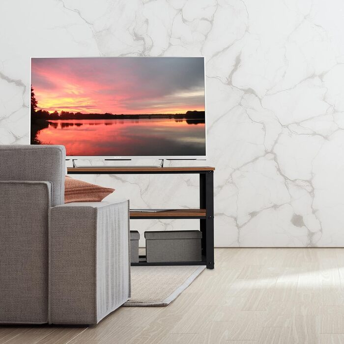Relaxdays TV Bank, 3 Ablagen, Metall, Holzmaserung, für Wohnzimmer, Industrial, Couchtisch, HxBxT: 51x100x40 cm, braun