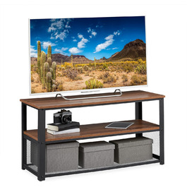 Relaxdays TV Bank, 3 Ablagen, Metall, Holzmaserung, für Wohnzimmer, Industrial, Couchtisch, HxBxT: 51x100x40 cm, braun