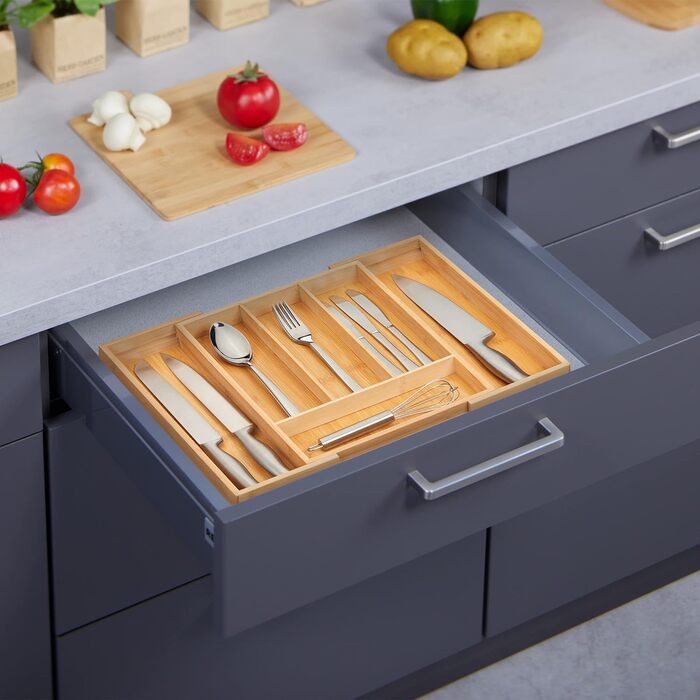 Relaxdays Besteckkasten, Bambus, HBT: 5 x 29-47,5 x 35,5 cm, 4-6 Fächer, Schubladeneinsatz, natur