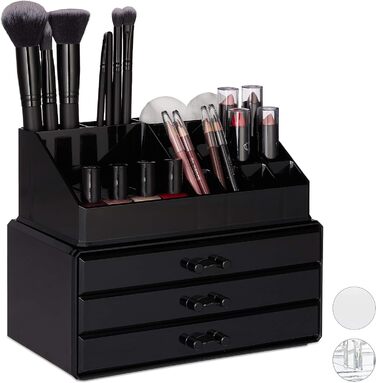 Relaxdays Make Up Organizer klein, 2-teilige Schminkaufbewahrung mit Schubladen, stapelbares Kosmetikregal,  1 Stück (Schwarz)
