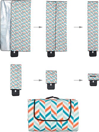 Relaxdays XXL Picknickdecke, 200x300 cm, isoliert, wasserdicht, weiche Fleece Stranddecke, Tragegriff, Zickzack, bunt