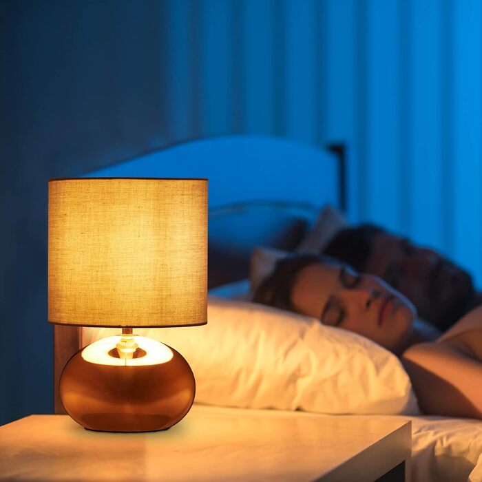 Relaxdays Tischlampe, runde Nachttischlampe mit Touch, HxD: 27,5 x 18 cm, E14, Tischleuchte mit Stoffschirm, (Kupfer/Grau)
