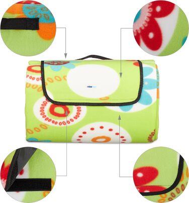 Relaxdays XXL Picknickdecke, 200x300 cm, isoliert, wasserdicht, Blumen, Fleece Stranddecke, weich, mit Tragegriff, bunt 200x300 cm Bunt