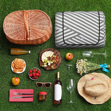 Relaxdays XXL Picknickdecke, 600x200 cm, isoliert, wasserdicht, Fleece Stranddecke, Tragegriff, Zickzack, weiß/grau