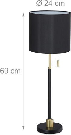 Relaxdays Tischlampe mit Zugschalter, elegante Nachttischlampe mit Stoffschirm, E27 Fassung, HD 69 x 24 cm, schwarz-gold