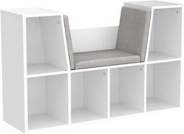 Relaxdays Bücherregal mit Sitzkissen, Kinderregal mit 6 Fächern, 63x103x30 cm, gepolstert, Sitzbank Kinderzimmer, weiß