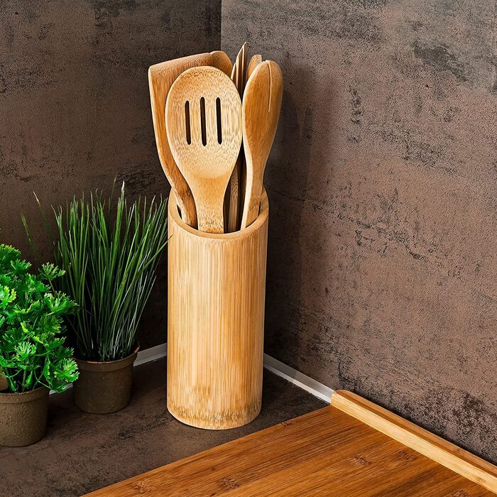 Relaxdays Küchenhelfer Set Bambus 7-tlg. 30cm lang, Kochlöffel, Holzlöffel, Pfannenwender (je 2), Salatzange, Gabel, Halter