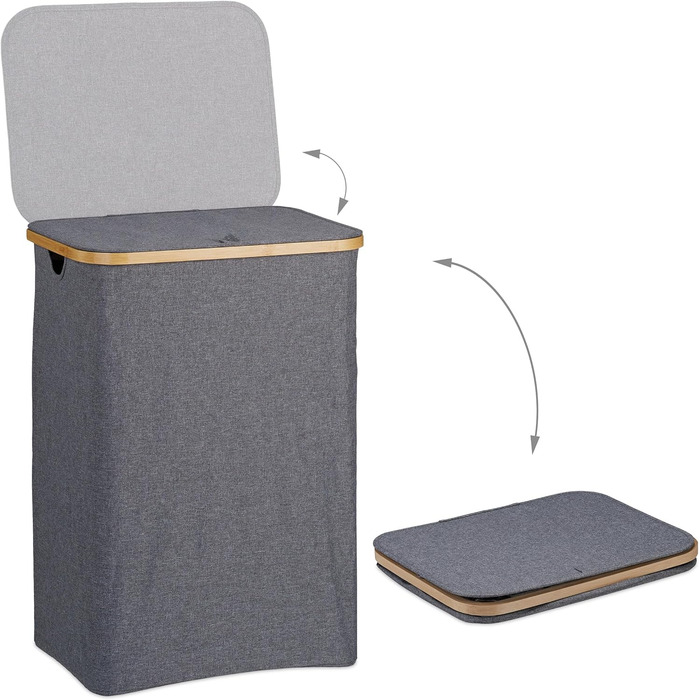 Relaxdays Wäschekorb mit Deckel, 130 l, Wäschesammler Bambus & Polyester, tragbar, atmungsaktiver Wäschesack,  90 10, (66 x 45 x 36.5 cm, Grau/Natur)