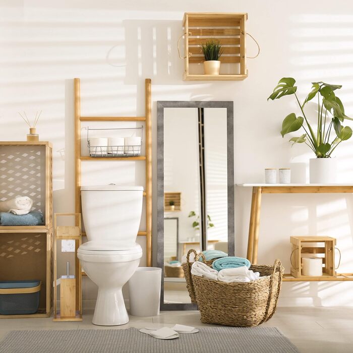 Relaxdays WC Garnitur, Bambus, Edelstahl, Klopapierständer mit Toilettenbürste, freistehend, HBT: 74 x 20 x 20 cm, Natur