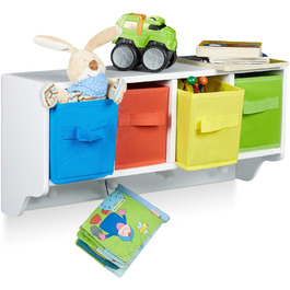 Relaxdays Kinder Wandregal ALBUS, Wandgarderobe mit 4 Kleiderhaken, Kinderregal mit 4 bunte Faltboxen, HBT: ca. 28 x 61 x 16 cm, weiß 16 x 61 x 28 cm