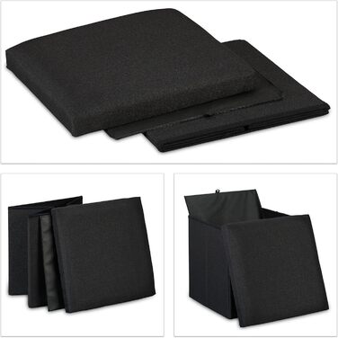 Relaxdays faltbarer Sitzhocker mit Stauraum, gepolstert, eckig, Stoff, 37x37,5x37,5 cm, schwarz