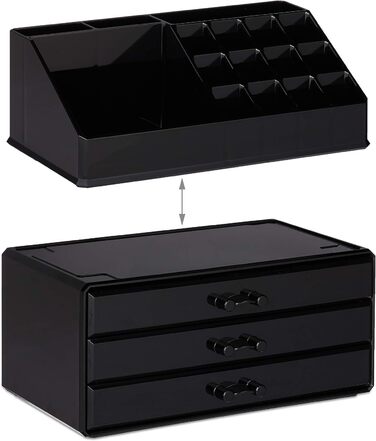 Relaxdays Make Up Organizer klein, 2-teilige Schminkaufbewahrung mit Schubladen, stapelbares Kosmetikregal,  1 Stück (Schwarz)