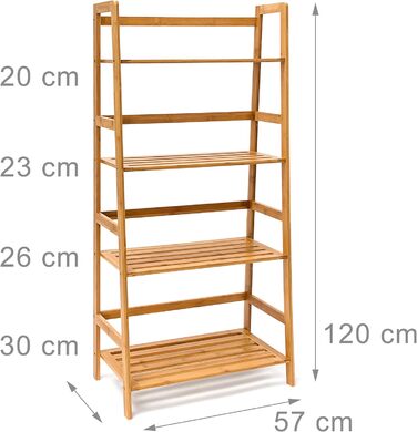 Relaxdays Bücherregal aus Bambus mit 4 Ablagen HxBxT: ca. 120 x 57 x 31 cm Regal für Bücher in Leiterform Standregal mit Durschubsicherung als Bücherschrank und Büroregal Aktenregal aus Holz, natur Single