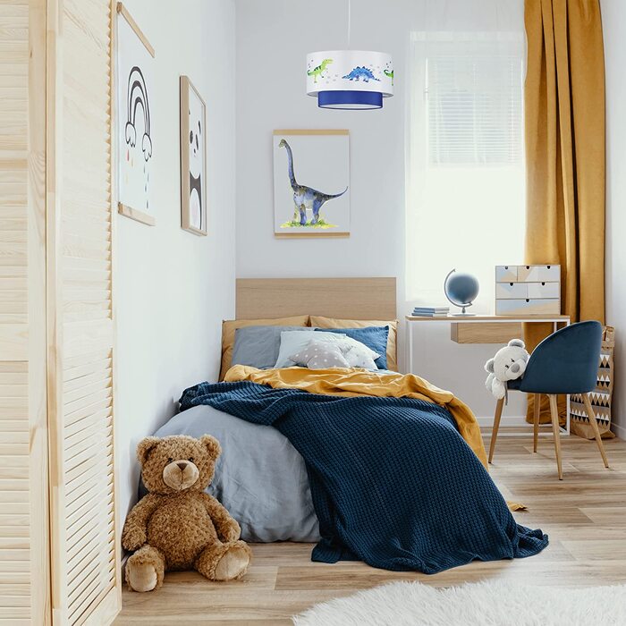 Relaxdays Dino Hängelampe, runder Lampenschirm mit Dinosaurier-Motiv, für Kinder- & Babyzimmer, HxD 126x30 cm, weiß-blau
