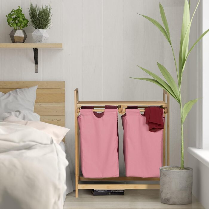 Relaxdays Wäschekorb Bambus, 2 Fächer, ausziehbar, 60L, Natur