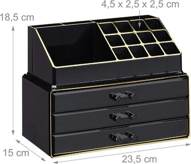 Relaxdays Make Up Organizer, 2-teilig, mit Schmuckkästchen, 3 Schubladen, Kunststoff, HBT 18,5x23,5x15 cm, schwarz-gold