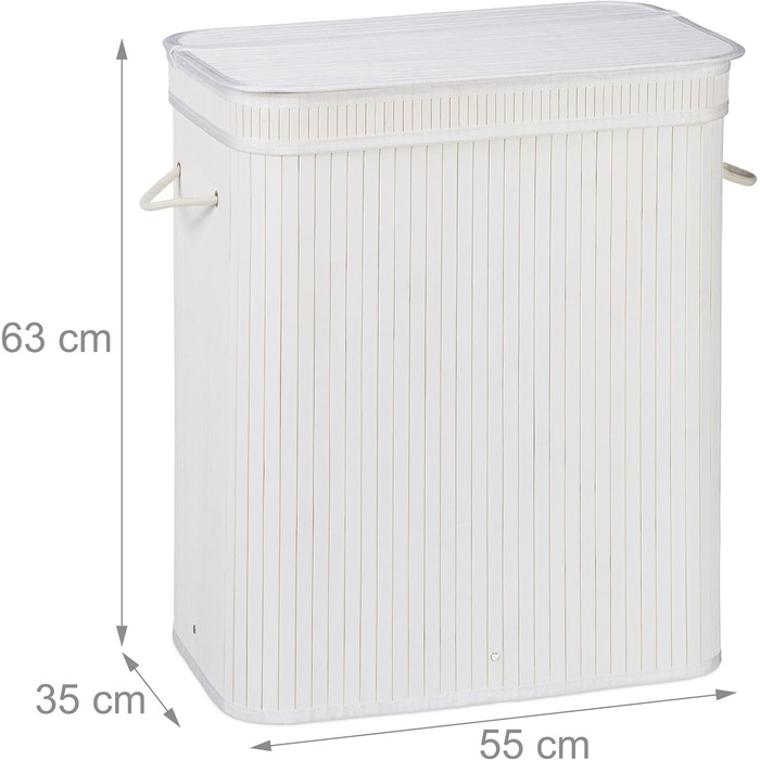 Wäschekorb Bambus, rechteckiger Wäschesortierer, 2 Fächer, klappbar, 95 l, Weiß