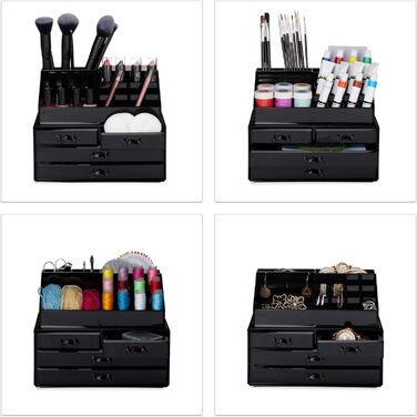 Relaxdays 1 x Make Up Organizer klein, 2-teilige Schmink Aufbewahrung Acryl, mit Lippenstifthalter und 4 Schubladen, schwarz 1 Schwarz 1 Stück