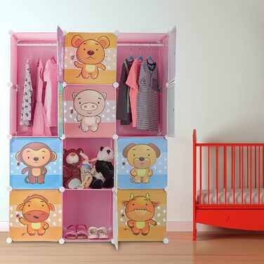 Relaxdays,  Steckregal Kinderzimmer, Tiermotive, Jungen, Türen, Kleiderstangen, Kunststoff Kleiderschrank, 145x110cm, 60%, Standard (Rosa)