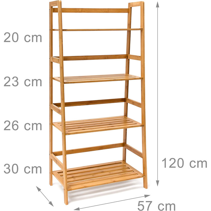 Relaxdays Bücherregal aus Bambus mit 4 Ablagen HxBxT: ca. 120 x 57 x 31 cm Regal für Bücher in Leiterform Standregal mit Durschubsicherung als Bücherschrank und Büroregal Aktenregal aus Holz, natur Single