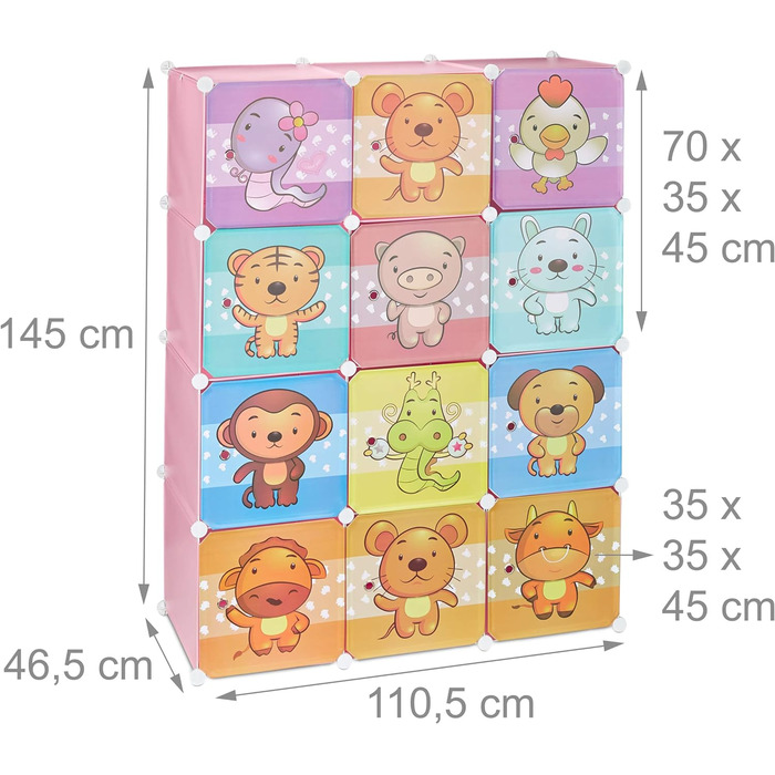 Relaxdays,  Steckregal Kinderzimmer, Tiermotive, Jungen, Türen, Kleiderstangen, Kunststoff Kleiderschrank, 145x110cm, 60%, Standard (Rosa)