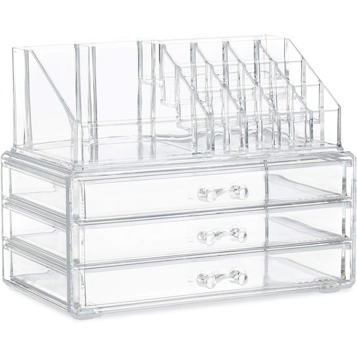 Relaxdays Make Up Organizer klein, 2-teilige Schminkaufbewahrung mit Schubladen, stapelbares Kosmetikregal,  1 Stück (Transparent)