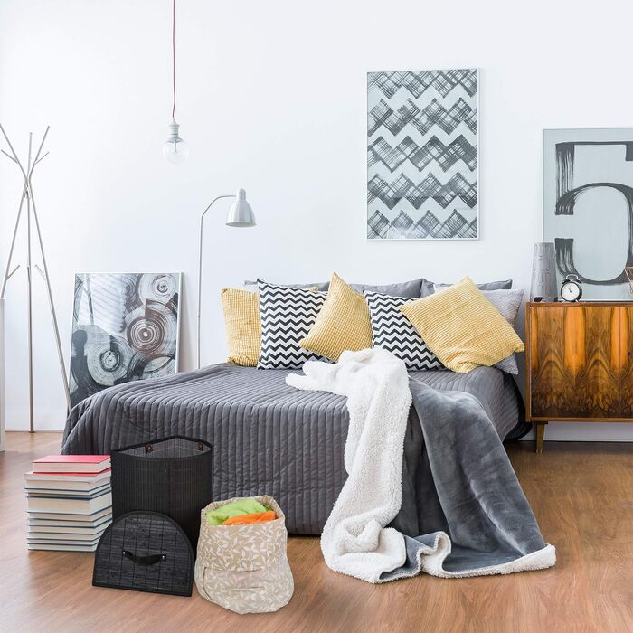 Relaxdays Wäschekorb Bambus, 30 l, faltbar, halbrund, mit Deckel, für Bad & Schlafzimmer, Schwarz