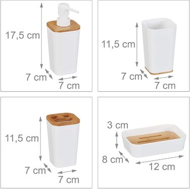 Relaxdays Badset, 4-teilig, modern, Kunststoff & Bambus, weiß, 17,5 x 7 x 7 cm