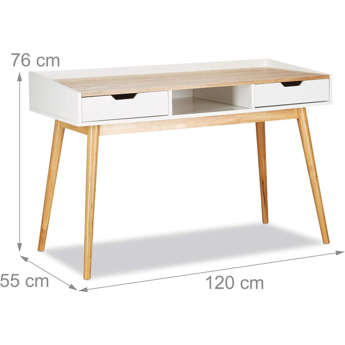 Relaxdays Schreibtisch, weiß-braun, skandinavisches Design, 2 Schubladen, HxBxT: 76x120x55cm