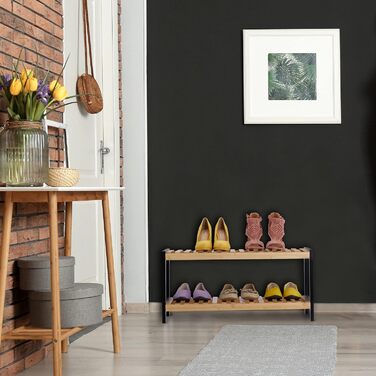 Relaxdays Schuhregal, 2 Ebenen, für 6 Paar Schuhe, offen, Schuhständer HBT: 33 x 70 x 26 cm, Bambus, MDF, natur/schwarz