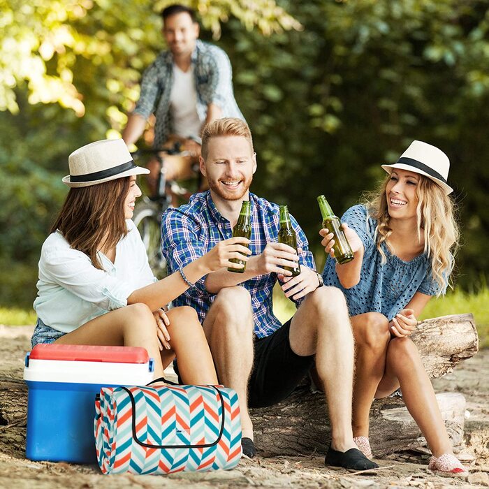 Relaxdays XXL Picknickdecke, 200x300 cm, isoliert, wasserdicht, weiche Fleece Stranddecke, Tragegriff, Zickzack, bunt
