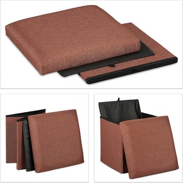 Relaxdays Sitzhocker, faltbar, gepolstert, eckig, Stoff, 37x37,5x37,5 cm, 1 Stk (Braun)