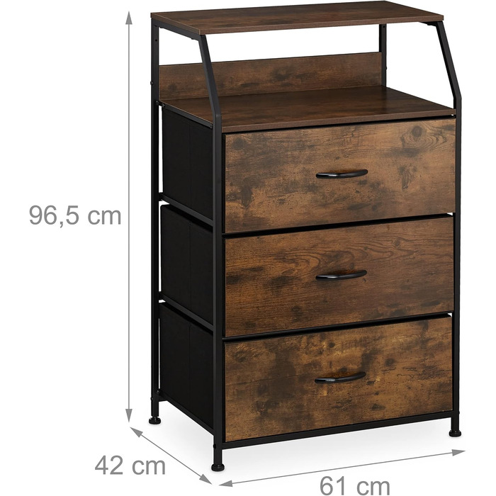 Relaxdays Kommode, 3 Schubladen, 2 Ablagen, Industrial, 96,5x61x42 cm, braun/schwarz