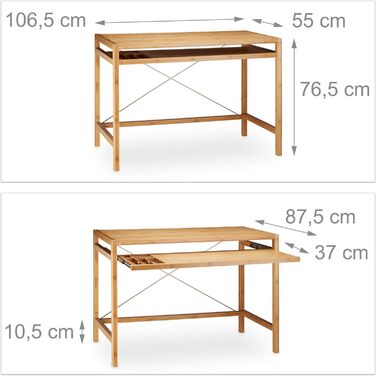 Relaxdays Computertisch Holz, Tastaturauszug, Bürotisch ausziehbar, Schreibtisch massiv, HxBxT: 76,5x106,5x55,5cm, natur Single