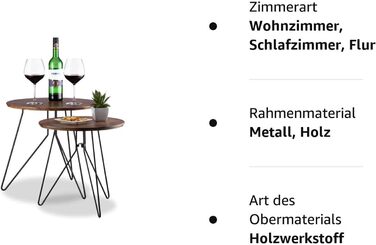 Relaxdays Beistelltisch 2er-Set, runde Satztische mit Metallgestell, Ablagetische, Tischplatte 40 u. 48 cm, MDF,  Standard (Braun)