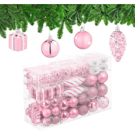 Relaxdays Weihnachtskugeln 72er Set, glitzernd/matt/glänzend, Baumkugeln, Stiefel, Herz, Zapfen, rosa