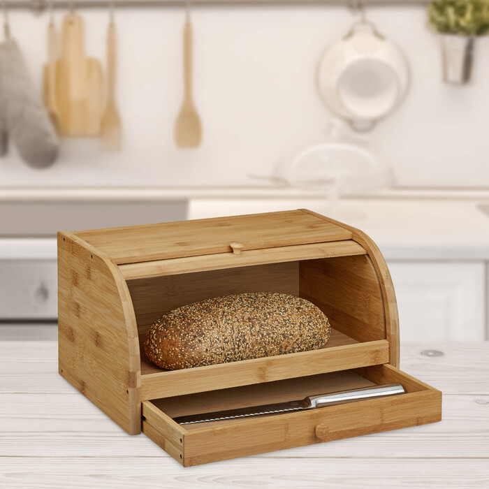 Relaxdays Rollbrotkasten mit Schublade Bambus