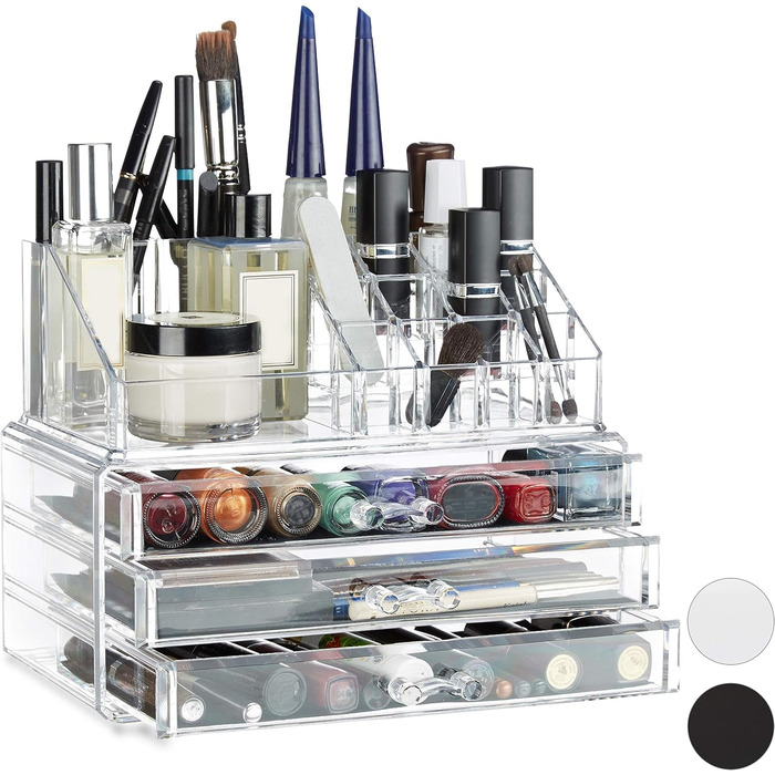 Relaxdays Make Up Organizer klein, 2-teilige Schminkaufbewahrung mit Schubladen, stapelbares Kosmetikregal,  1 Stück (Transparent)