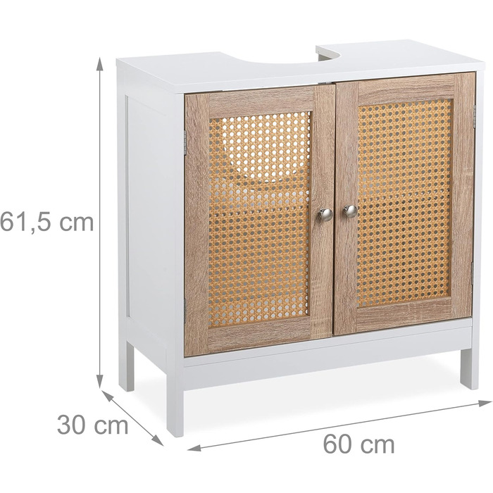 Relaxdays Waschbeckenunterschrank, 60 cm, 2 Fächer, Siphon-Aussparung, Rattan-Türen, weiß/Natur