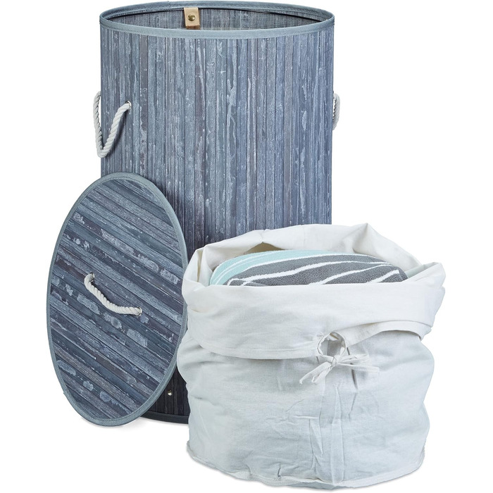 3x faltbare Wäschetonne Bambus, 70L, Baumwoll-Wäschesack, rund Ø 41 cm, grau/weiß, mit Deckel