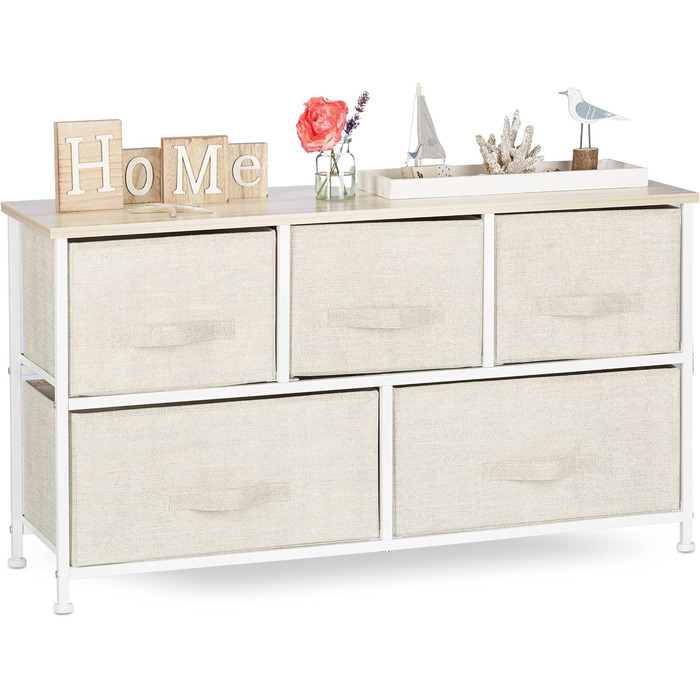 Relaxdays Regalsystem, 5 Stoff-Schubladen, Metall & Holz, 77,5x83x29 cm, beige, Design E
