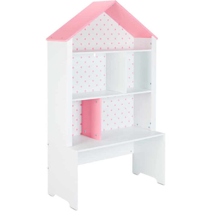 Relaxdays Kinderregal, Schwan, 5 Fächer, 2 Rollboxen, HBT: 128x75x34 cm, Hausform, Spielzeug Aufbewahrung, weiß/rosa