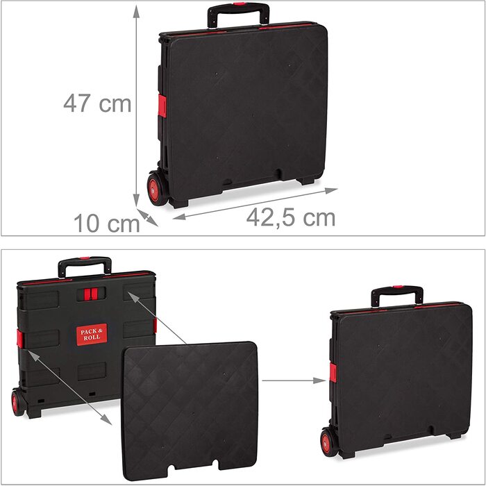 Relaxdays Einkaufstrolley klappbar, bis 35 kg, 50 l Kiste, mit Teleskopgriff, 2 Rollen, Transport Trolley, rot/schwarz