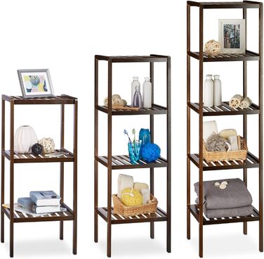 Relaxdays 3 TLG Badregal Set Bambus, Holzregal, Standregal, Bambusregal, Küchenregal, Bücherregal, 3, 4 und 5 Ablagen, Dunkelbraun 139,5 x 34,5 x 33 cm