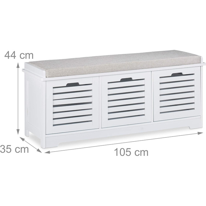 Relaxdays Sitzbank mit Stauraum, 3 Körbe & Sitzkissen, Landhausstil, 44x105x35 cm, weiß