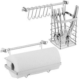 Relaxdays Küchenutensilienhalter Set, Edelstahl-Optik, Küchenrollenhalter, Abtropfgestell, Hängeleisten, 6 Haken, silber