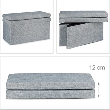 Relaxdays Faltbarer Sitzhocker mit Lehne, 73x76x38 cm, Sitzbank & Sitzcube, Leinen, Stauraum, grau