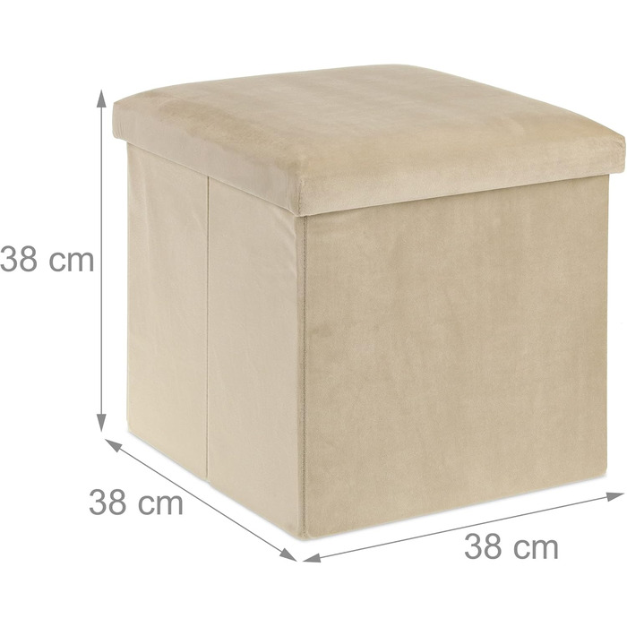 Relaxdays Sitzhocker, faltbar, 38x38x38 cm, Stauraum, MDF & Samt, Creme